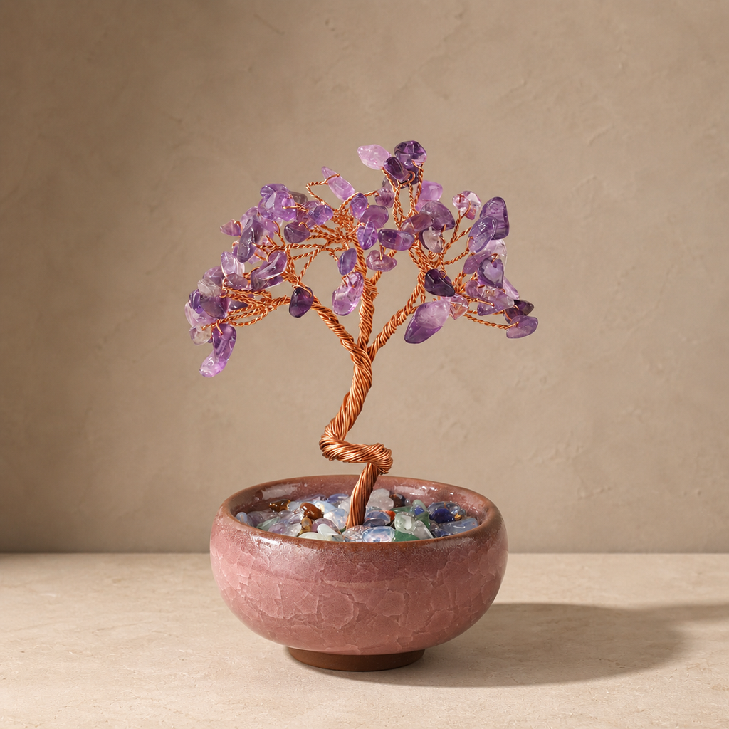 New Fortune Tree with Natural Crystal Chips Ornament for Home and Office Desk, Agate Rolling Stone Base Decoration