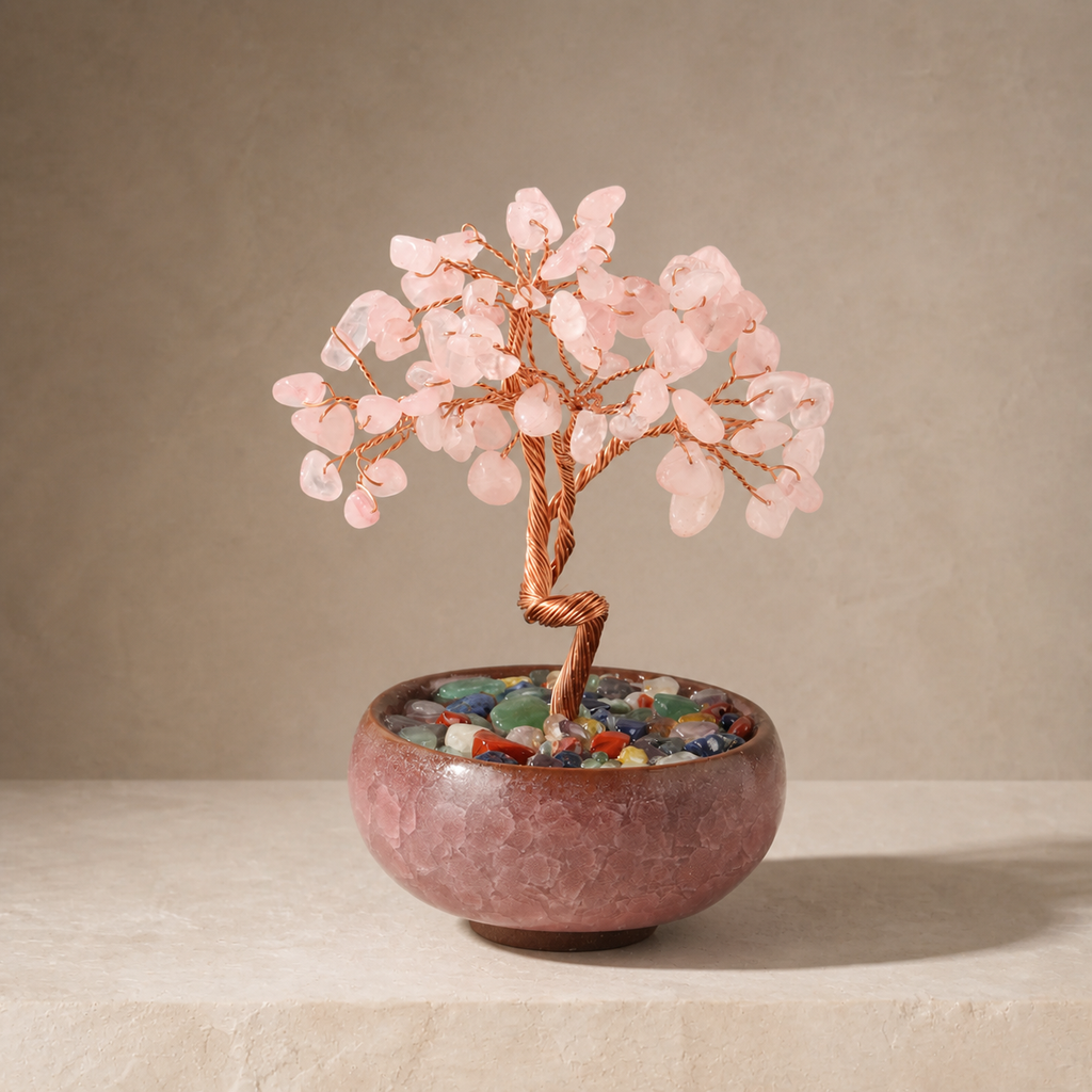 New Fortune Tree with Natural Crystal Chips Ornament for Home and Office Desk, Agate Rolling Stone Base Decoration