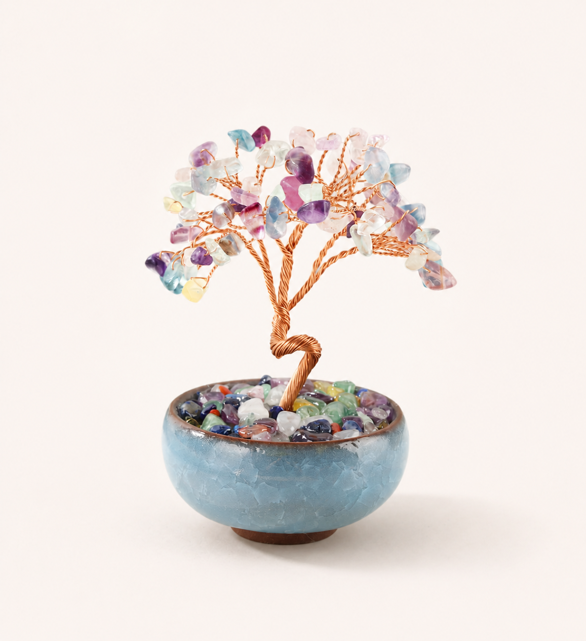New Fortune Tree with Natural Crystal Chips Ornament for Home and Office Desk, Agate Rolling Stone Base Decoration