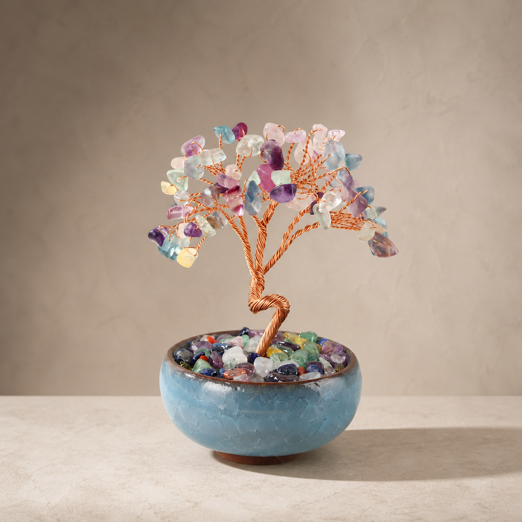 New Fortune Tree with Natural Crystal Chips Ornament for Home and Office Desk, Agate Rolling Stone Base Decoration
