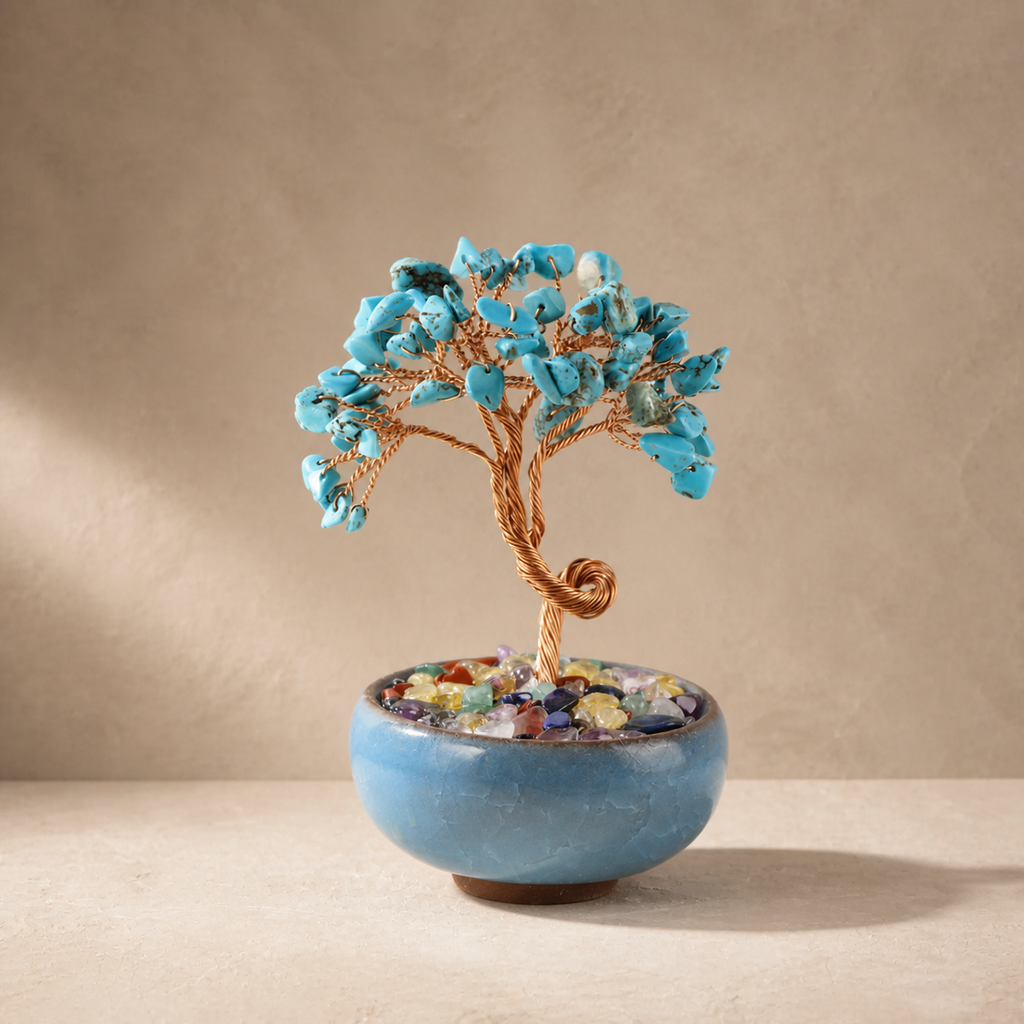 New Fortune Tree with Natural Crystal Chips Ornament for Home and Office Desk, Agate Rolling Stone Base Decoration