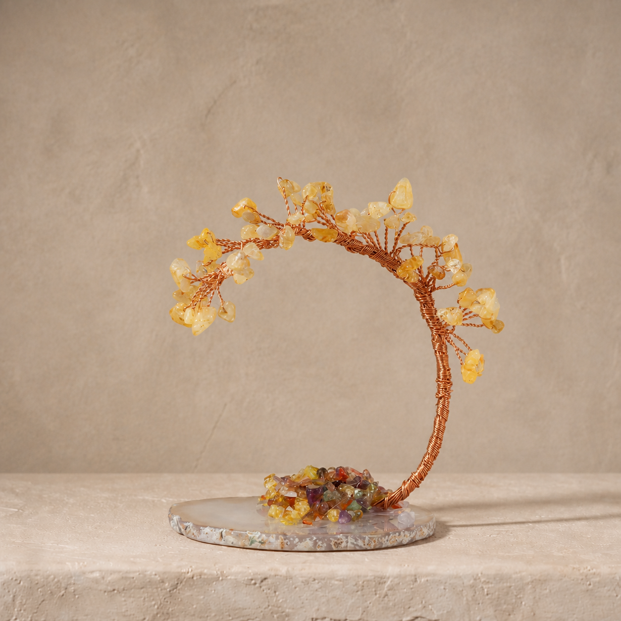 Colorful Natural Stone Crystal Tree Ornament with Agate Base, Yellow Crystal Money Tree for Car and Desktop Decoration