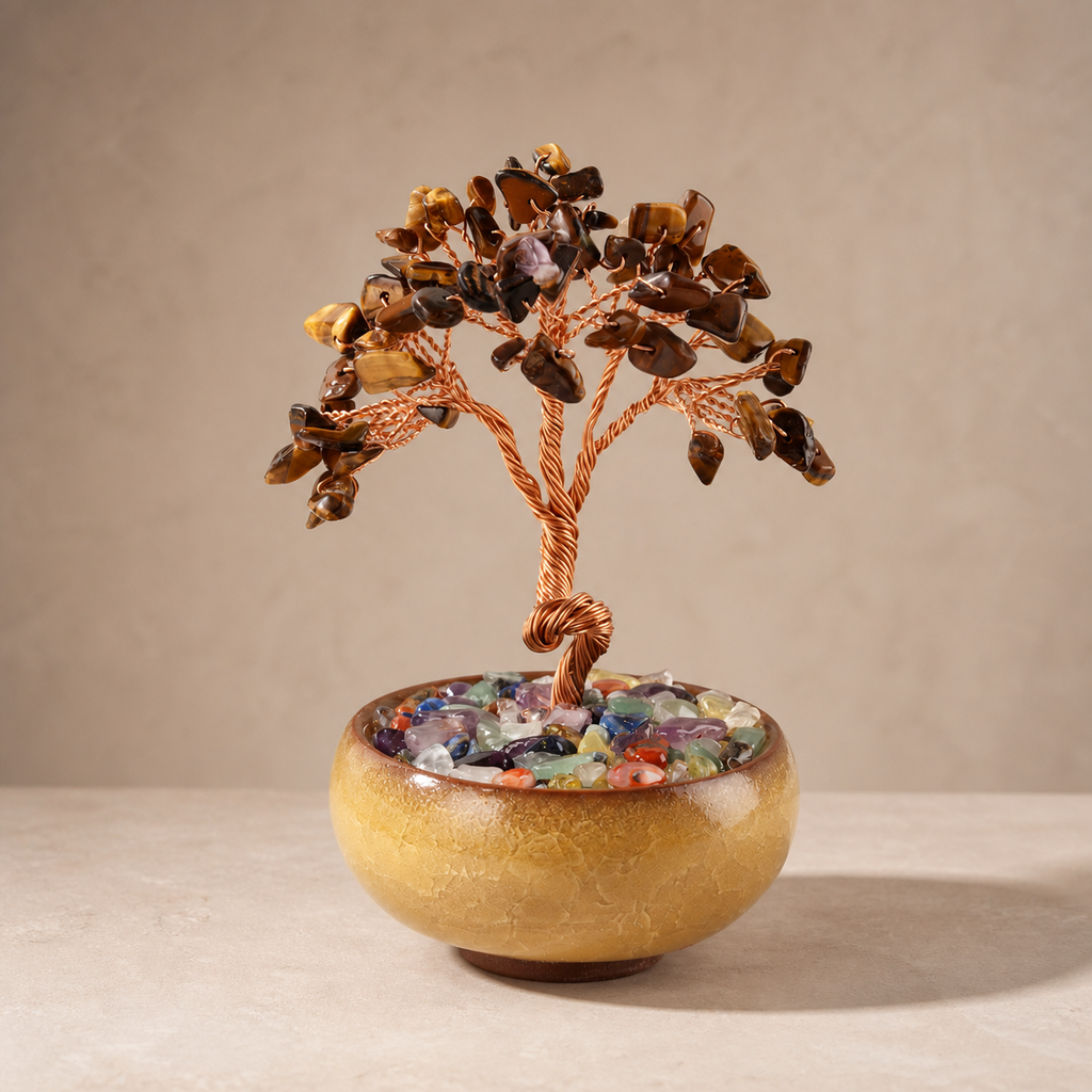 New Fortune Tree with Natural Crystal Chips Ornament for Home and Office Desk, Agate Rolling Stone Base Decoration
