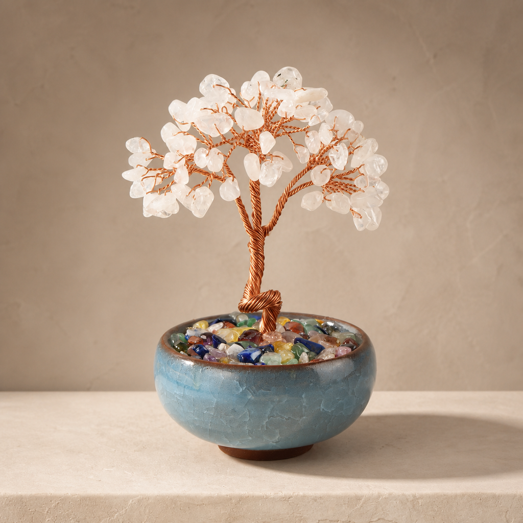 New Fortune Tree with Natural Crystal Chips Ornament for Home and Office Desk, Agate Rolling Stone Base Decoration