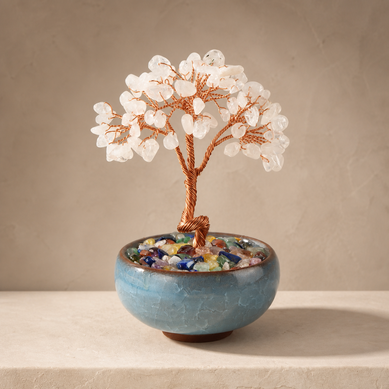 New Fortune Tree with Natural Crystal Chips Ornament for Home and Office Desk, Agate Rolling Stone Base Decoration