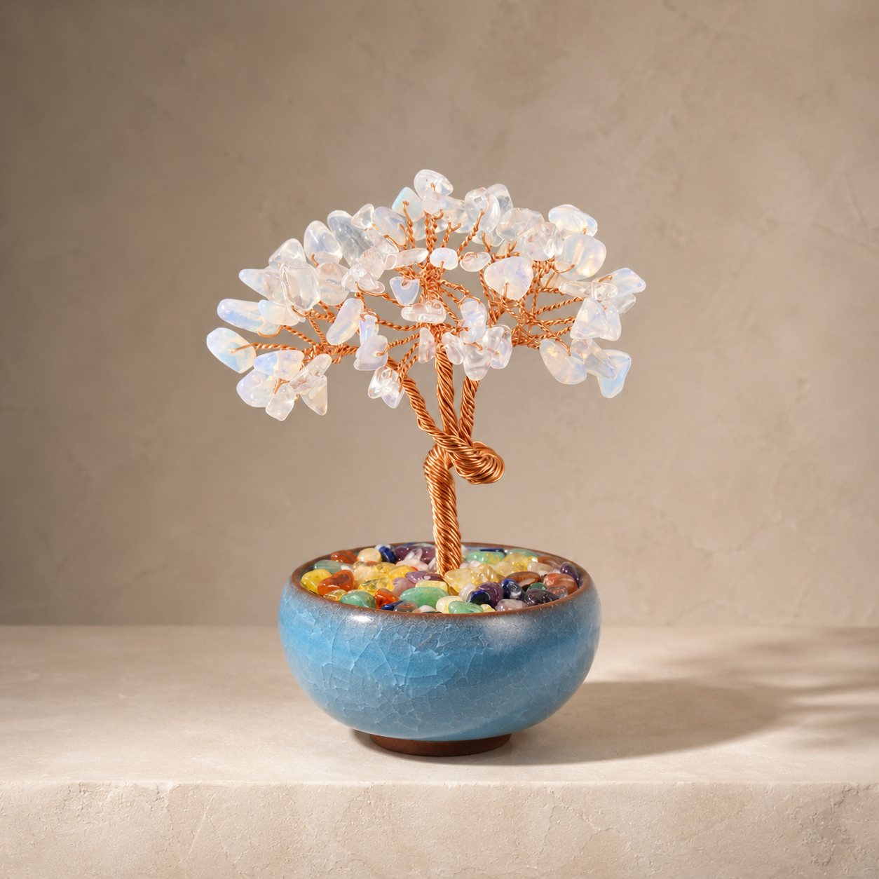 New Fortune Tree with Natural Crystal Chips Ornament for Home and Office Desk, Agate Rolling Stone Base Decoration