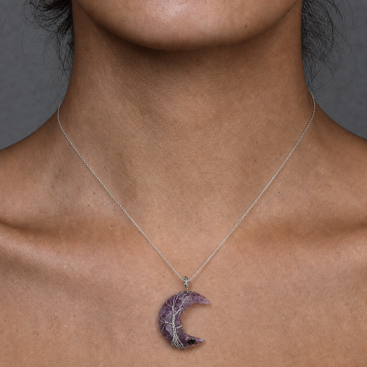 Bestseller natural crystal moon pendant necklace, hand-wrapped tree of life, money tree, crushed stone moon