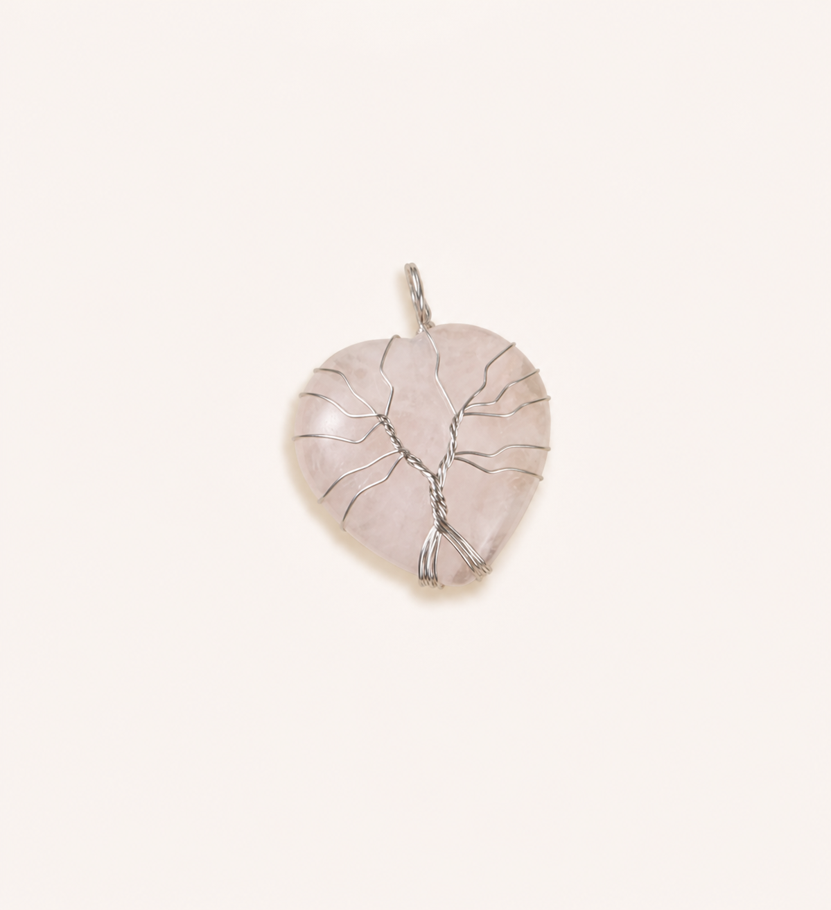 Natural rose quartz and amethyst pendant, cut into a heart shape, handmade tree of life necklace with wire-wrapped crystal pendant