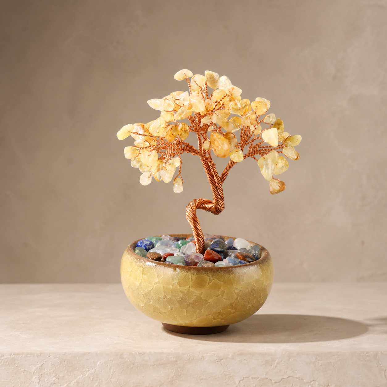 New Fortune Tree with Natural Crystal Chips Ornament for Home and Office Desk, Agate Rolling Stone Base Decoration
