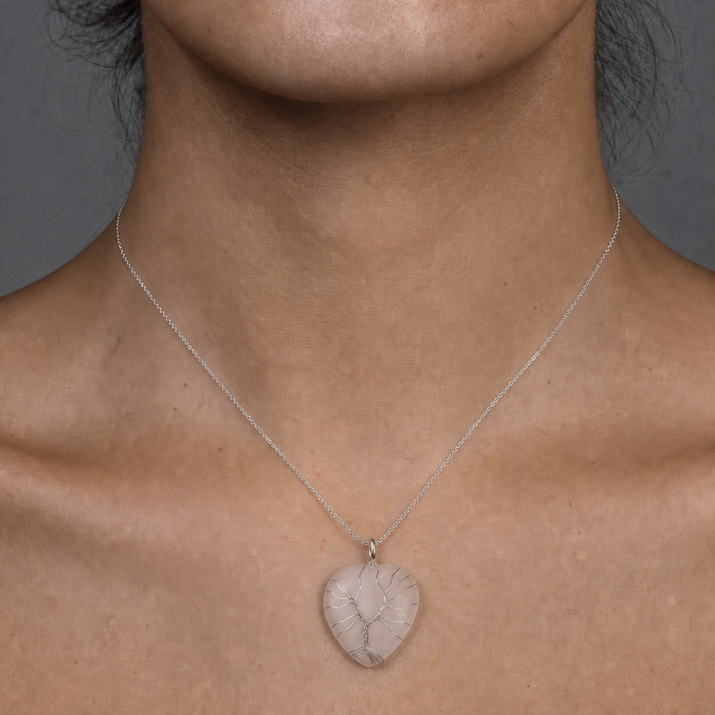 Natural rose quartz and amethyst pendant, cut into a heart shape, handmade tree of life necklace with wire-wrapped crystal pendant