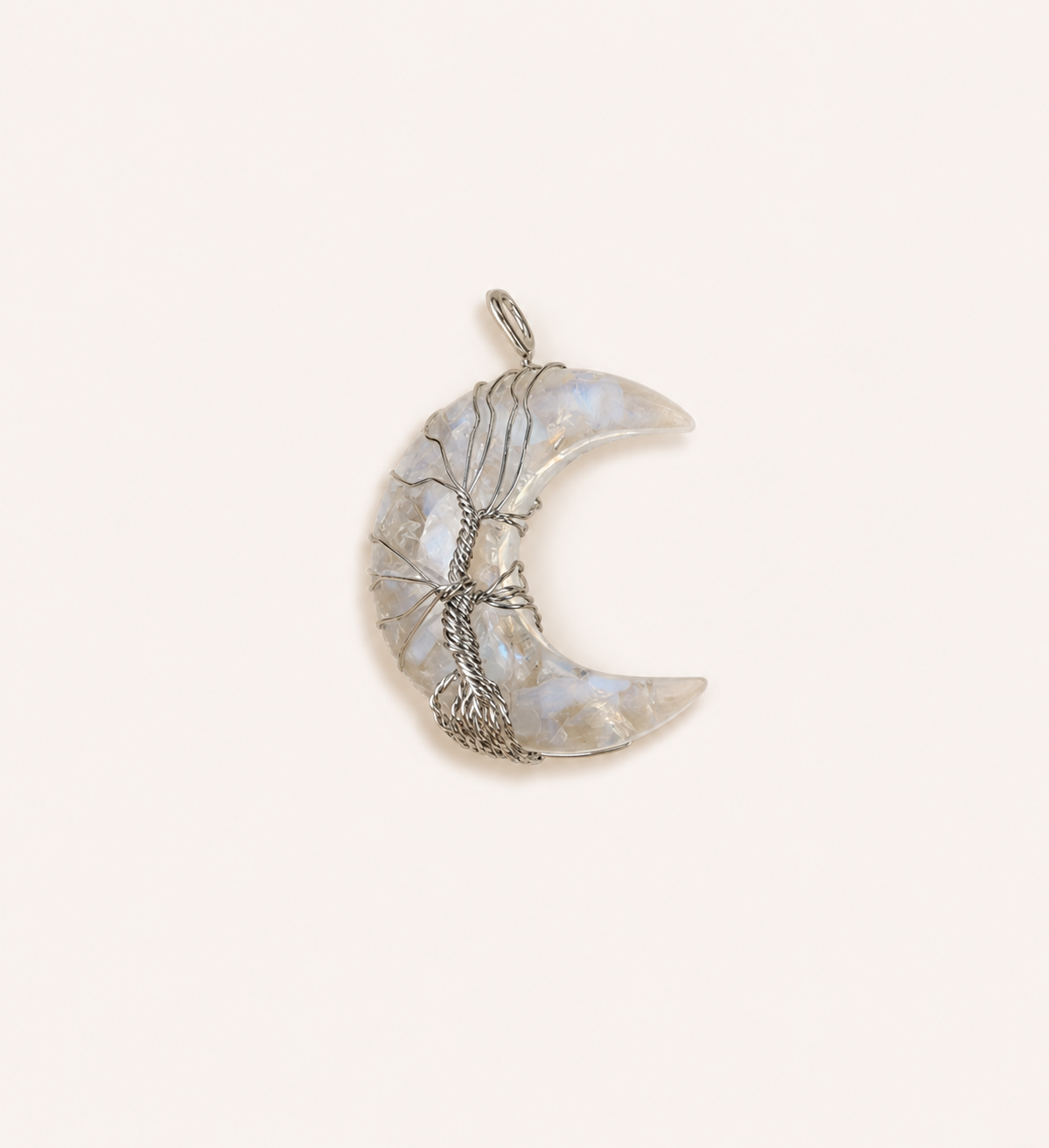 Bestseller natural crystal moon pendant necklace, hand-wrapped tree of life, money tree, crushed stone moon