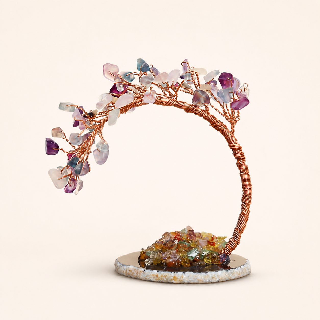 Colorful Natural Stone Crystal Tree Ornament with Agate Base, Yellow Crystal Money Tree for Car and Desktop Decoration