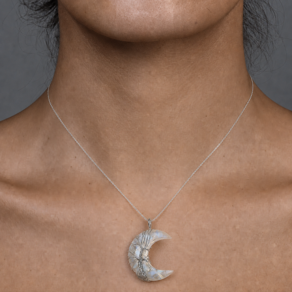 Bestseller natural crystal moon pendant necklace, hand-wrapped tree of life, money tree, crushed stone moon