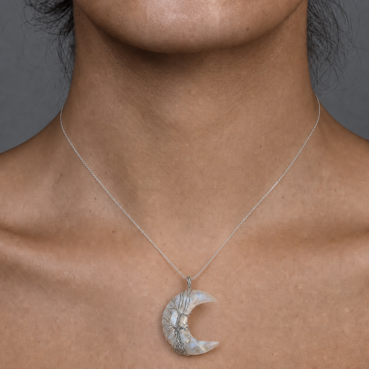 Bestseller natural crystal moon pendant necklace, hand-wrapped tree of life, money tree, crushed stone moon