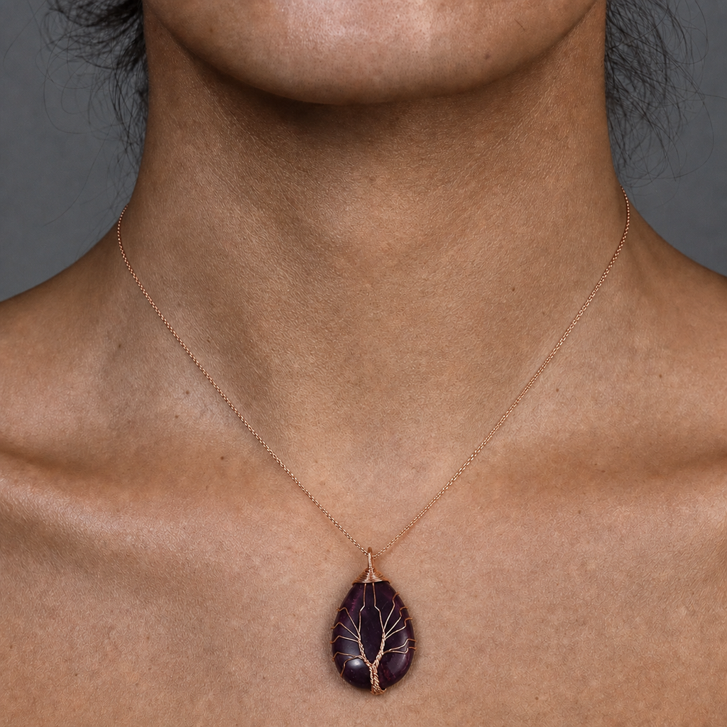 Amethyst Necklace Pendant Handmade Woven Wire Life Tree Necklace Water Drop Natural Stone Crystal Pendant