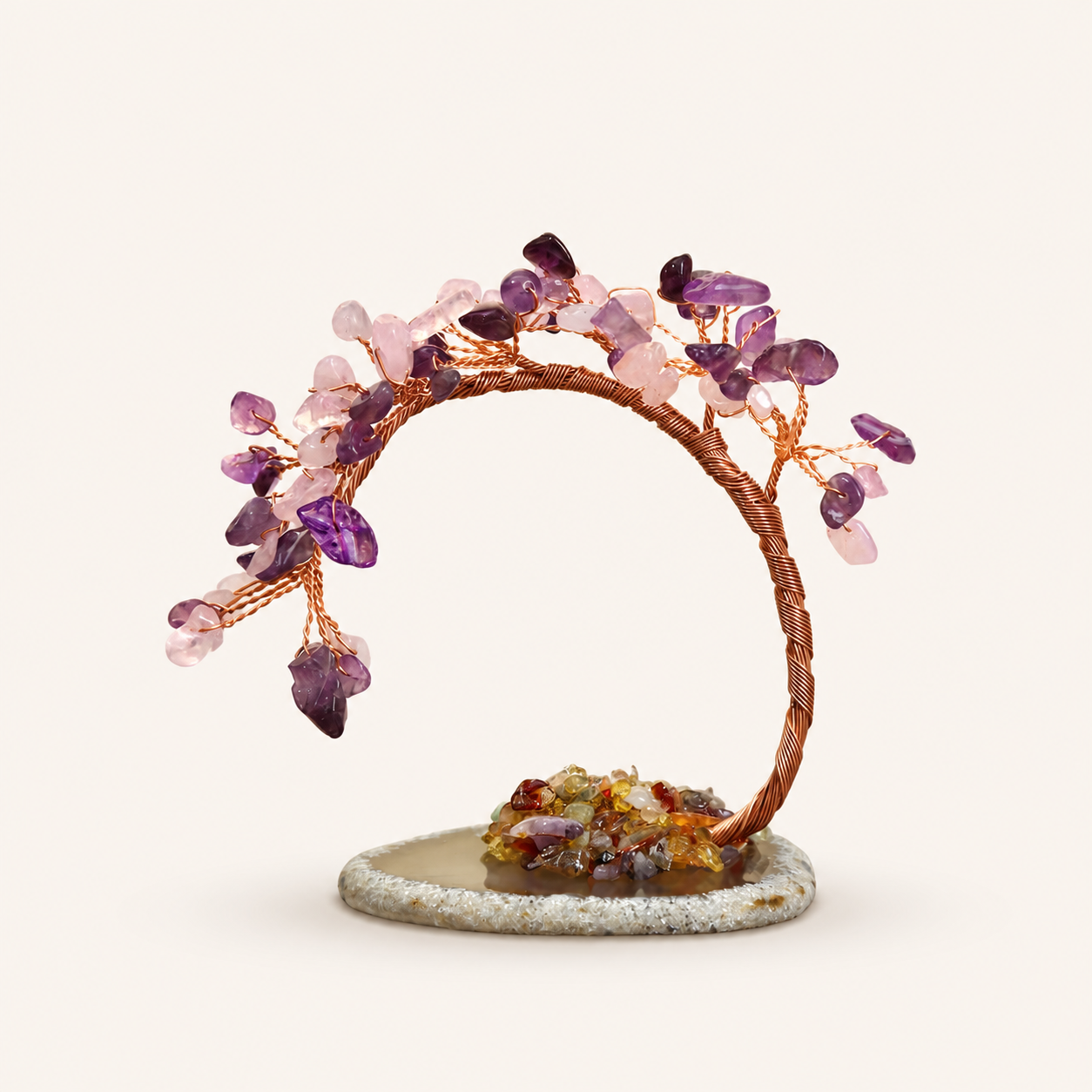 Colorful Natural Stone Crystal Tree Ornament with Agate Base, Yellow Crystal Money Tree for Car and Desktop Decoration