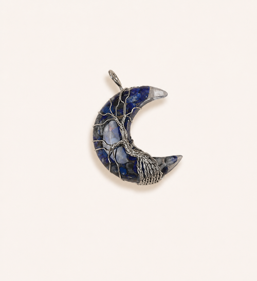 Bestseller natural crystal moon pendant necklace, hand-wrapped tree of life, money tree, crushed stone moon