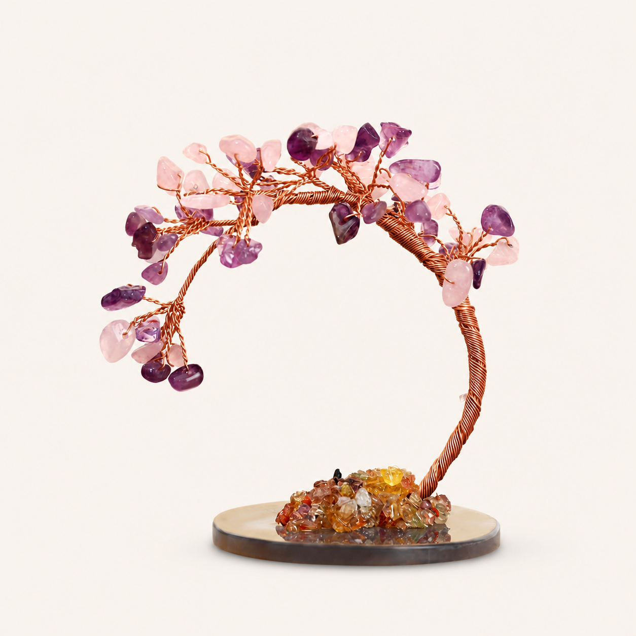 Colorful Natural Stone Crystal Tree Ornament with Agate Base, Yellow Crystal Money Tree for Car and Desktop Decoration
