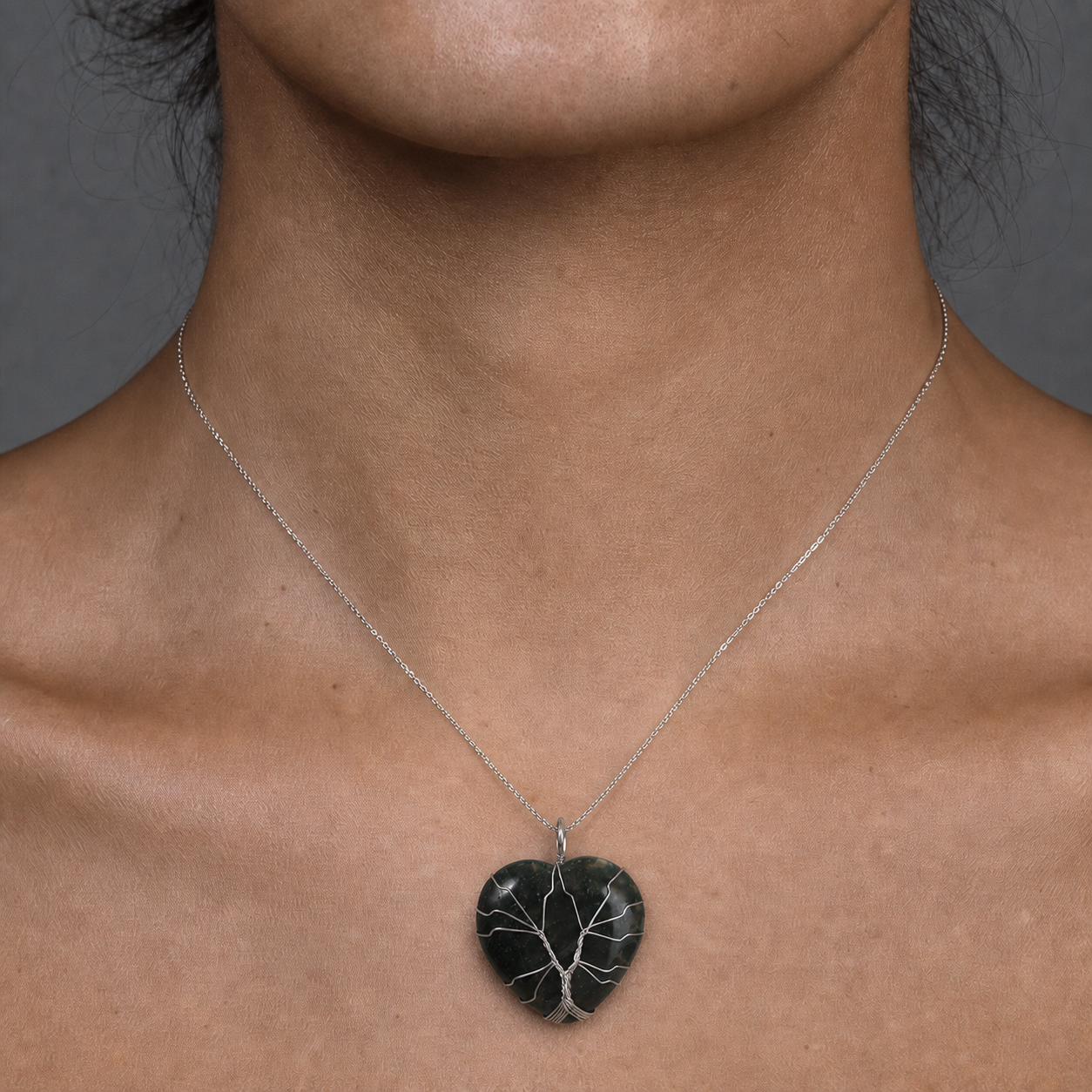 Natural rose quartz and amethyst pendant, cut into a heart shape, handmade tree of life necklace with wire-wrapped crystal pendant