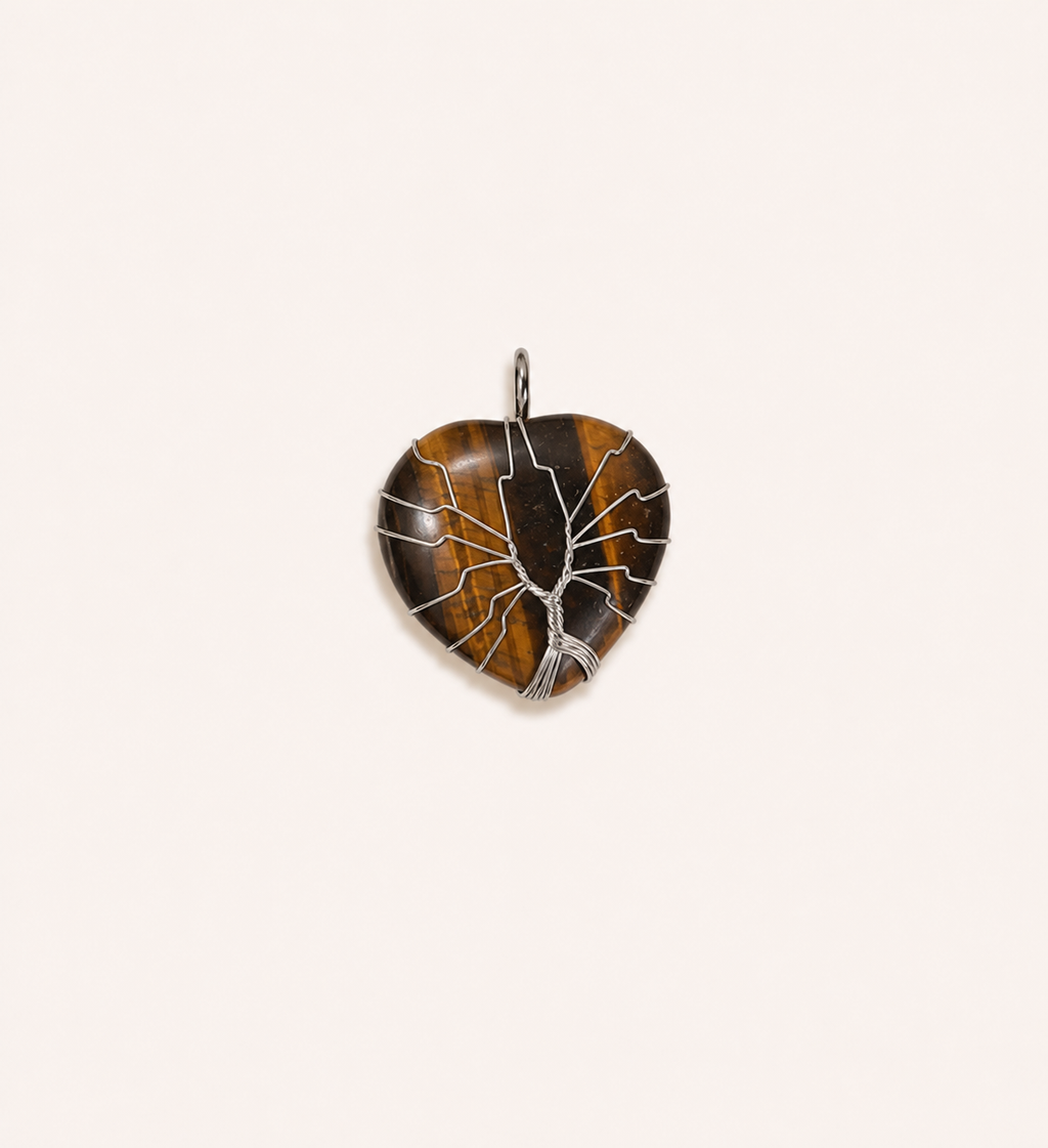 Natural rose quartz and amethyst pendant, cut into a heart shape, handmade tree of life necklace with wire-wrapped crystal pendant