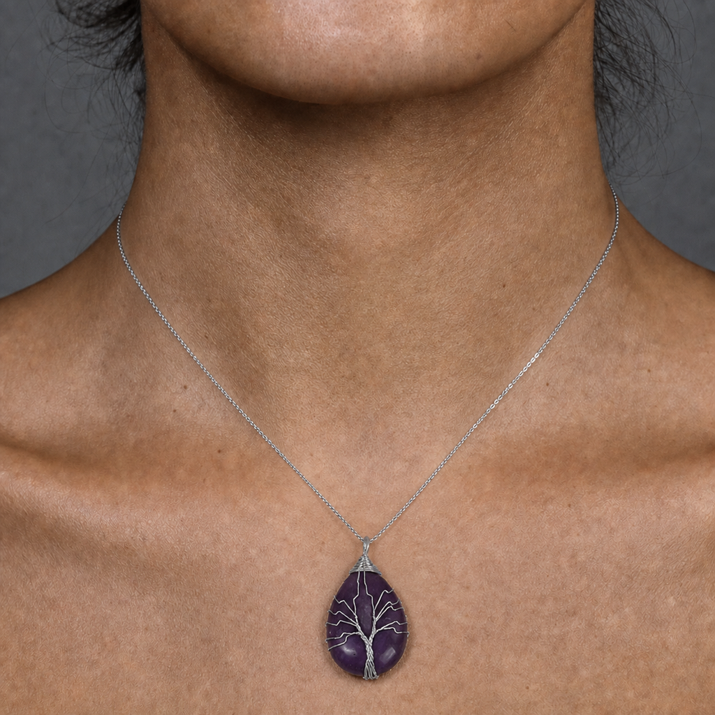 Amethyst Necklace Pendant Handmade Woven Wire Life Tree Necklace Water Drop Natural Stone Crystal Pendant