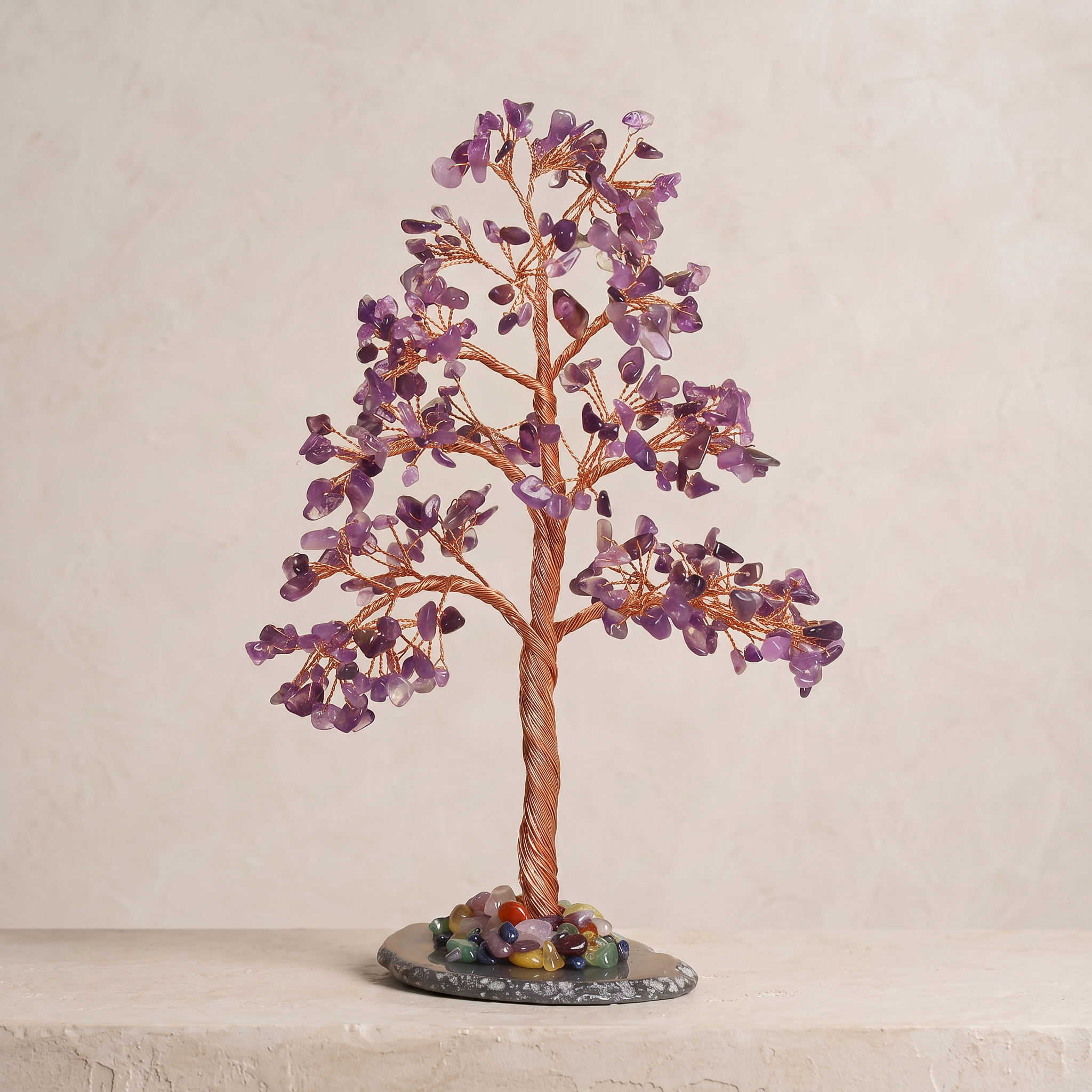 Natural crystal gravel DIY wire-wrapped money tree ornament for office desk with agate base, life tree craft