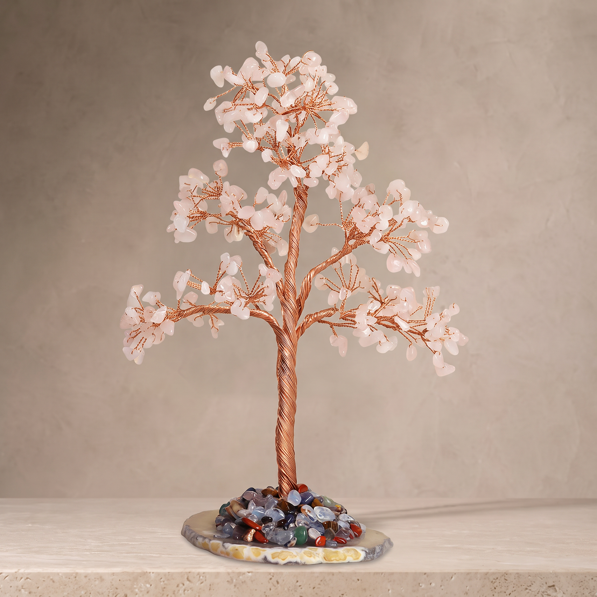 Natural crystal gravel DIY wire-wrapped money tree ornament for office desk with agate base, life tree craft