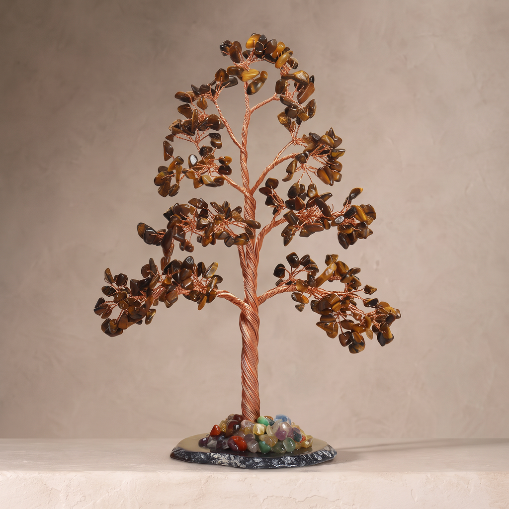 Natural crystal gravel DIY wire-wrapped money tree ornament for office desk with agate base, life tree craft