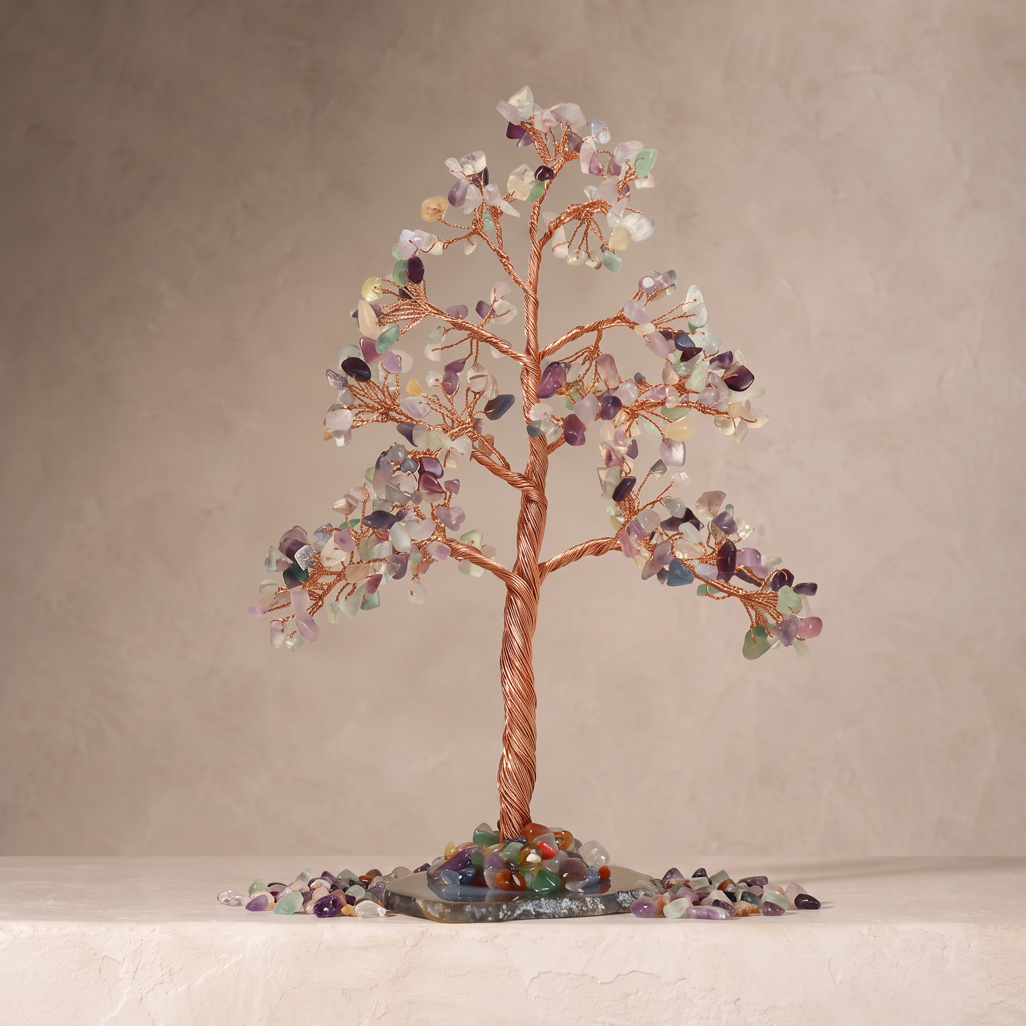 Natural crystal gravel DIY wire-wrapped money tree ornament for office desk with agate base, life tree craft