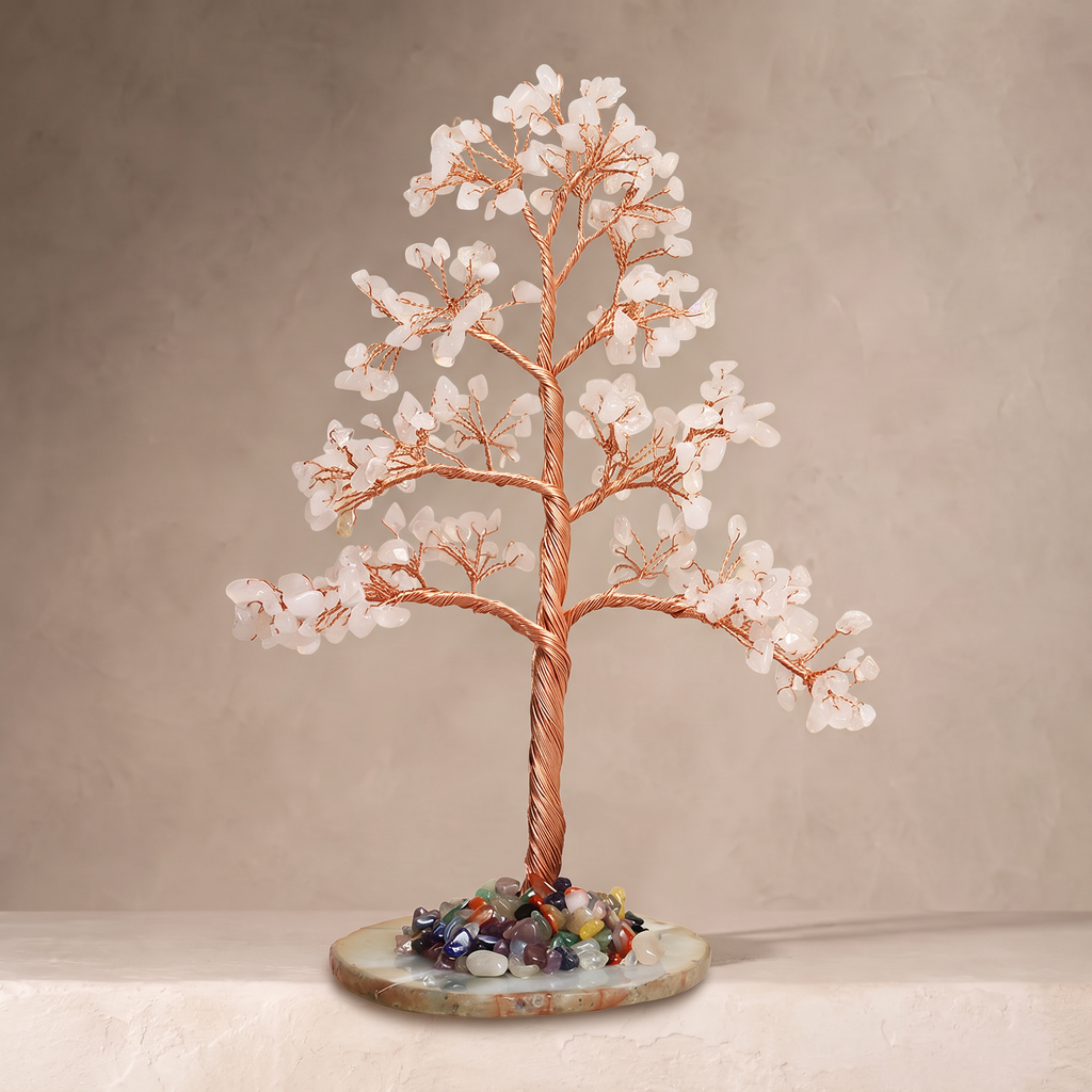 Natural crystal gravel DIY wire-wrapped money tree ornament for office desk with agate base, life tree craft