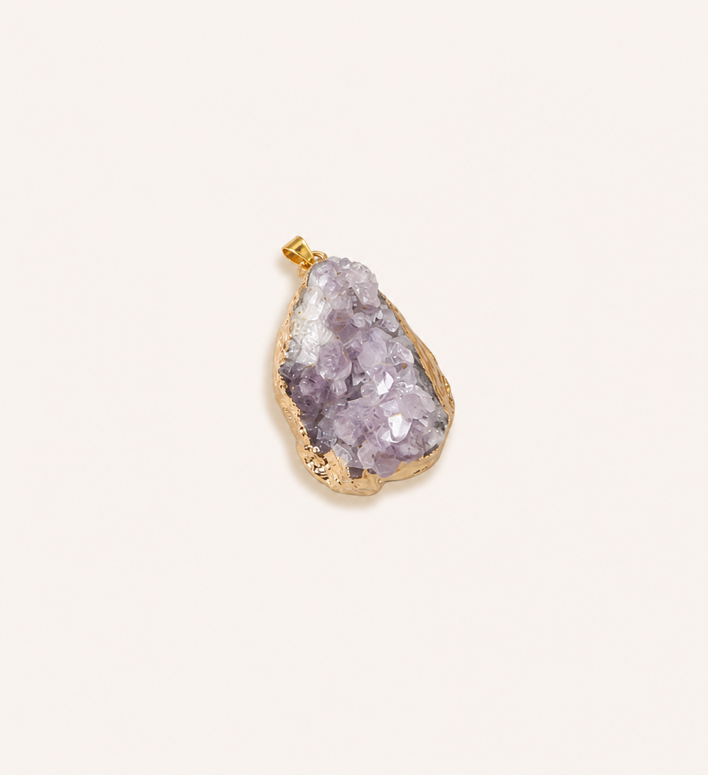 Natural amethyst gravel pendant, handmade irregular crystal raw stone pendant with gold-plated edges, necklace accessory
